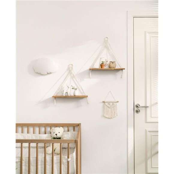 Macrame Hanging Shelves Boho Wall Decor Set of 2 Rustic Wood Floating Storage - Picture 4 of 5